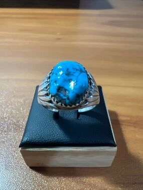 Vtg Robert & Bernice Leekya Zuni Kingman Turquoise Sterling Silver Ring Size 10